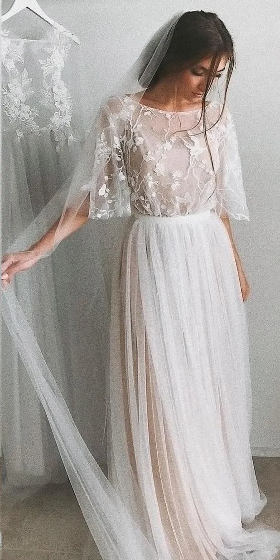 Half Sleeve Wedding Dresses A-line  Elegant Simple Romantic Lace Bridal Gown  WD424