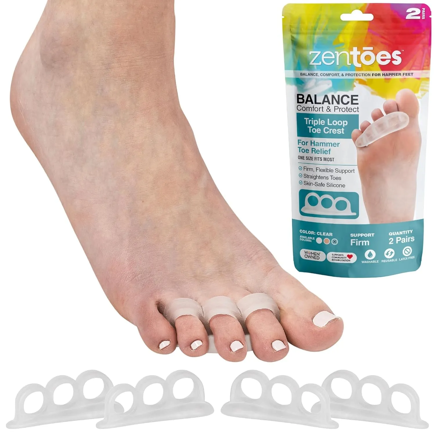 Hammertoe Corrector Gel Toe Straighteners with 3 Separator Loops - Realign Bent, Crooked, Curled, Claw, Hammer Toes - Cushion Crest for Men and Women - Beige