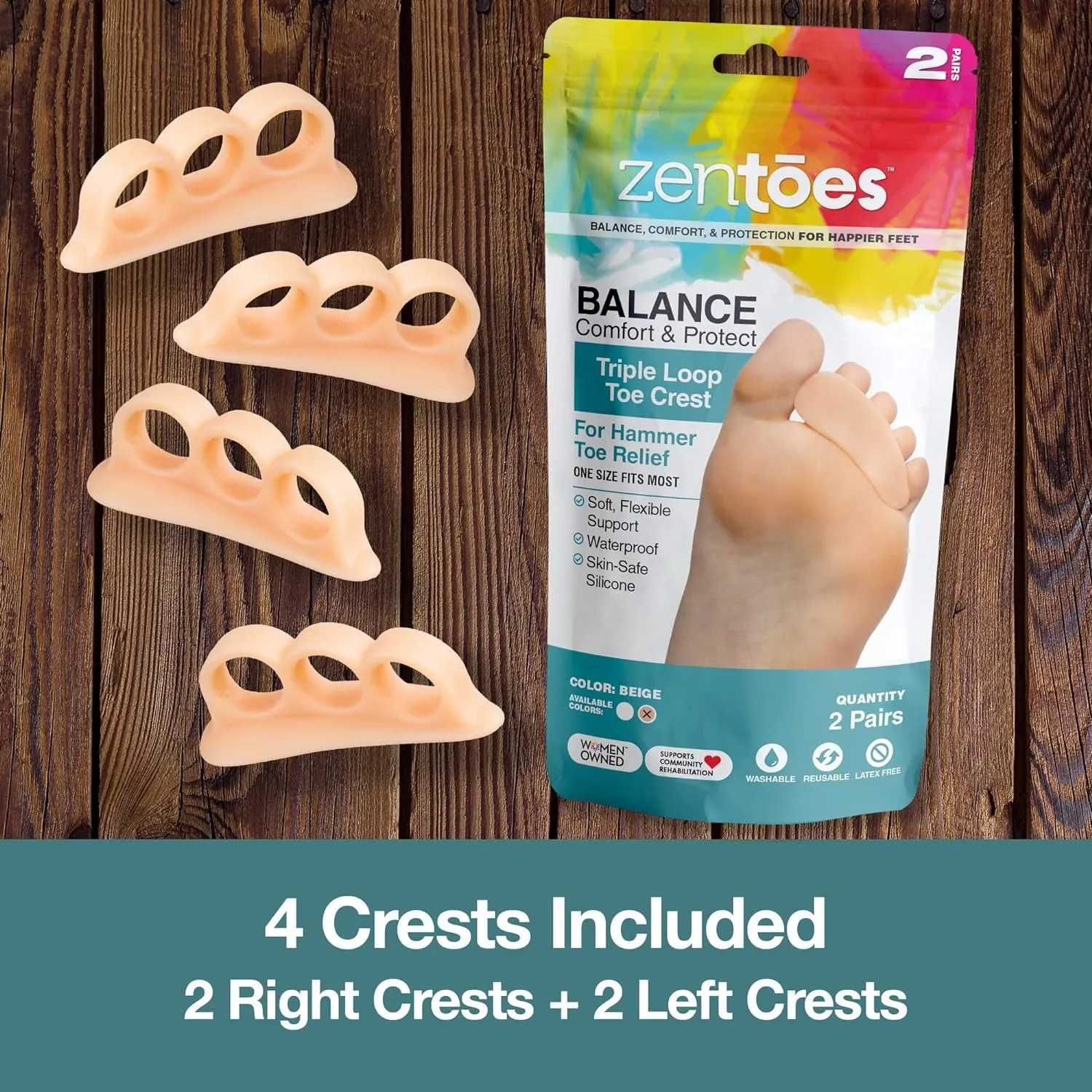 Hammertoe Corrector Gel Toe Straighteners with 3 Separator Loops - Realign Bent, Crooked, Curled, Claw, Hammer Toes - Cushion Crest for Men and Women - Beige