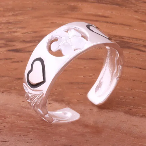 Hawaiian Scroll 6mm Plumeria and Heart Toe Ring