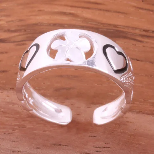 Hawaiian Scroll 6mm Plumeria and Heart Toe Ring