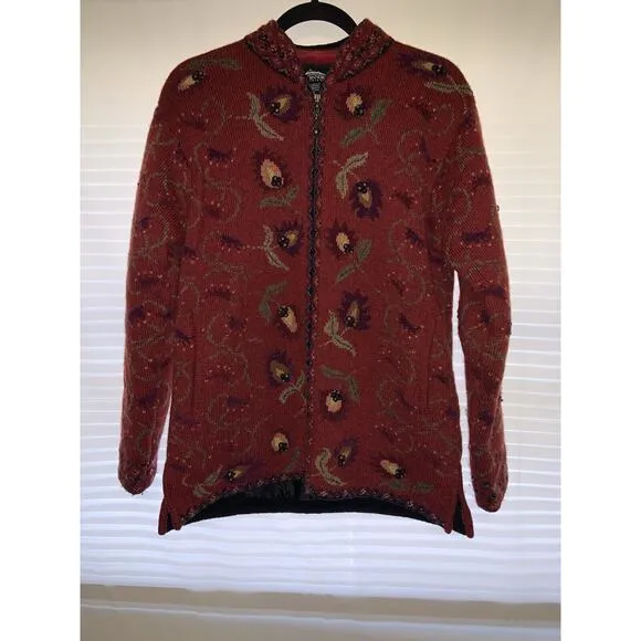 Icelandic Design Wool Size Medium Deep Red Floral Zip Up Jacket Lined Cardigan