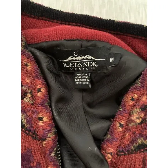 Icelandic Design Wool Size Medium Deep Red Floral Zip Up Jacket Lined Cardigan