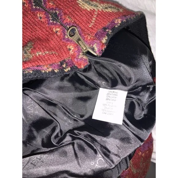 Icelandic Design Wool Size Medium Deep Red Floral Zip Up Jacket Lined Cardigan