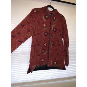 Icelandic Design Wool Size Medium Deep Red Floral Zip Up Jacket Lined Cardigan