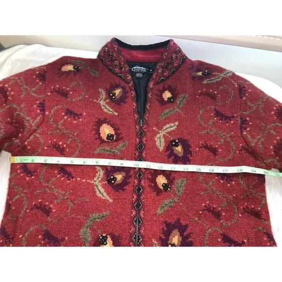 Icelandic Design Wool Size Medium Deep Red Floral Zip Up Jacket Lined Cardigan