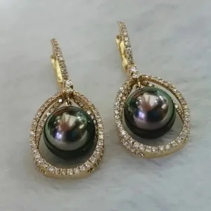 Infinity Love 9.0-10.0 mm Tahitian Peacock Pearl Dangle Earrings Mounted on 18K Gold with Diamonds
