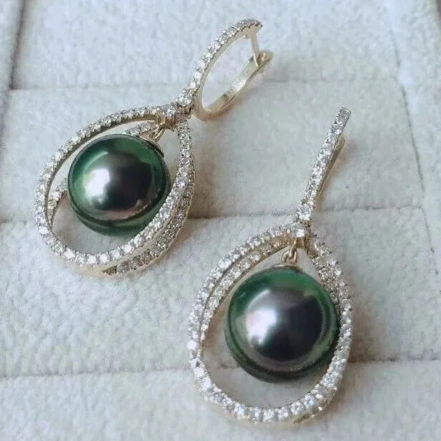 Infinity Love 9.0-10.0 mm Tahitian Peacock Pearl Dangle Earrings Mounted on 18K Gold with Diamonds