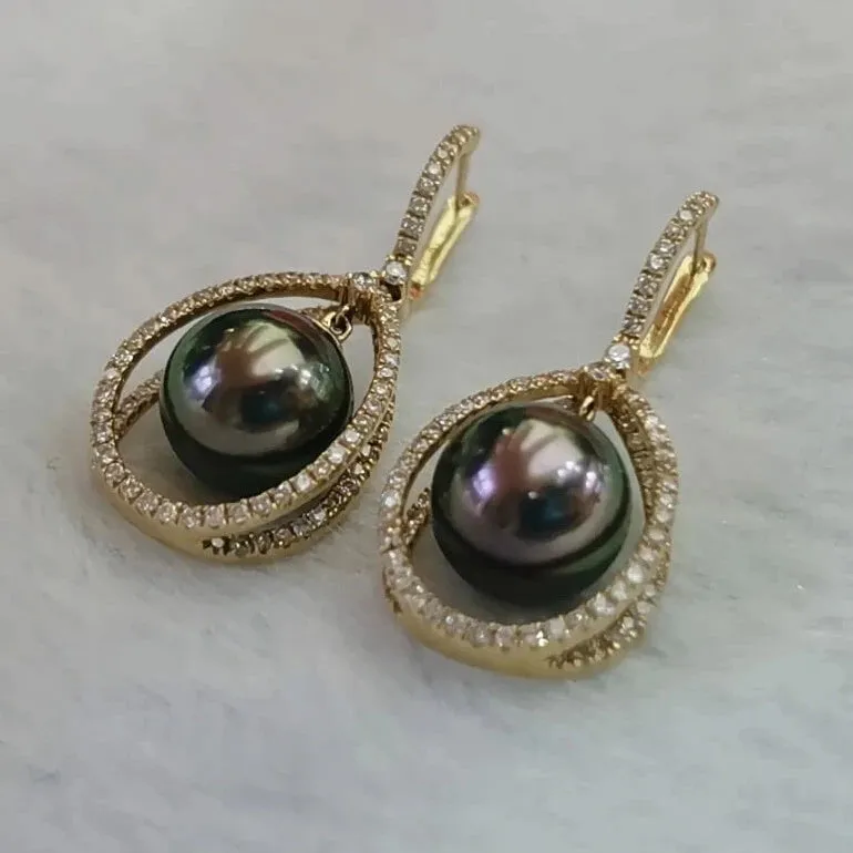 Infinity Love 9.0-10.0 mm Tahitian Peacock Pearl Dangle Earrings Mounted on 18K Gold with Diamonds