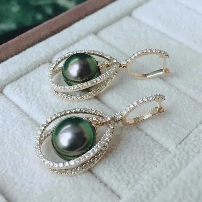 Infinity Love 9.0-10.0 mm Tahitian Peacock Pearl Dangle Earrings Mounted on 18K Gold with Diamonds