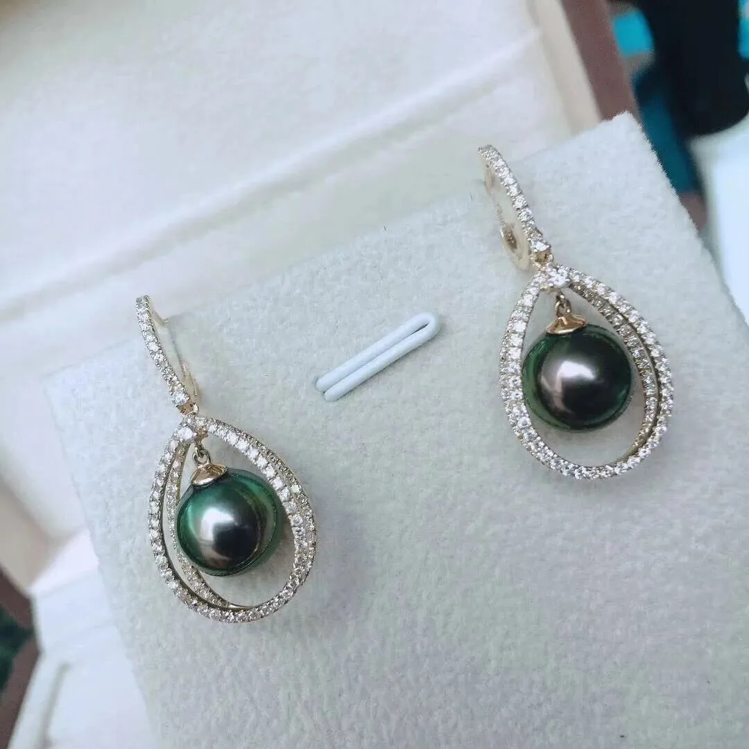Infinity Love 9.0-10.0 mm Tahitian Peacock Pearl Dangle Earrings Mounted on 18K Gold with Diamonds
