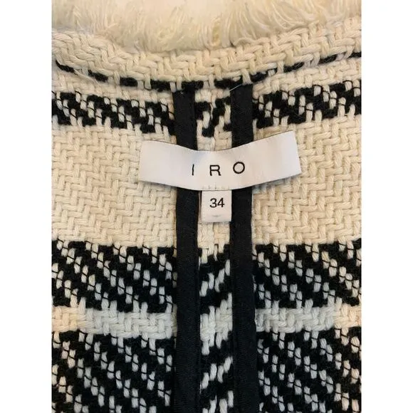 IRO Black &amp; White‎ Striped Tweed Jacket Cardigan with Frayed Edges Size 34 XS