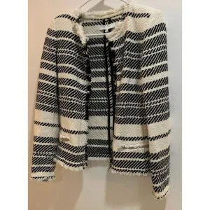 IRO Black &amp; White‎ Striped Tweed Jacket Cardigan with Frayed Edges Size 34 XS