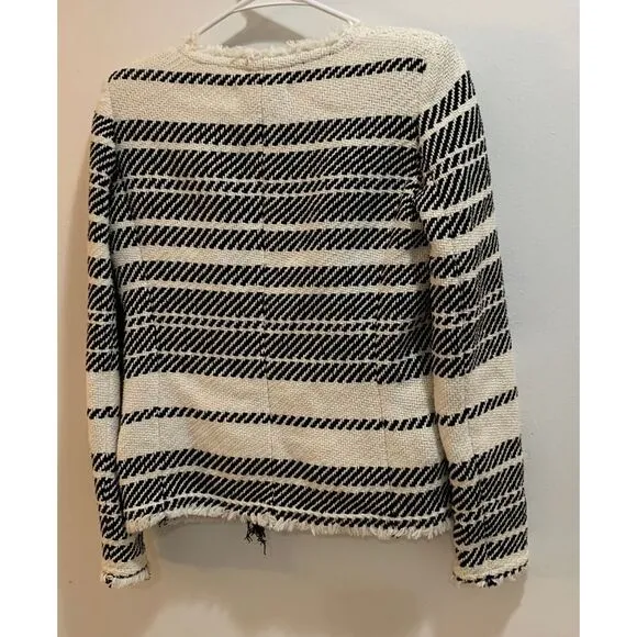 IRO Black &amp; White‎ Striped Tweed Jacket Cardigan with Frayed Edges Size 34 XS