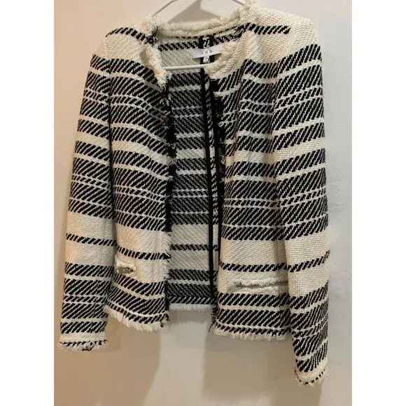 IRO Black &amp; White‎ Striped Tweed Jacket Cardigan with Frayed Edges Size 34 XS