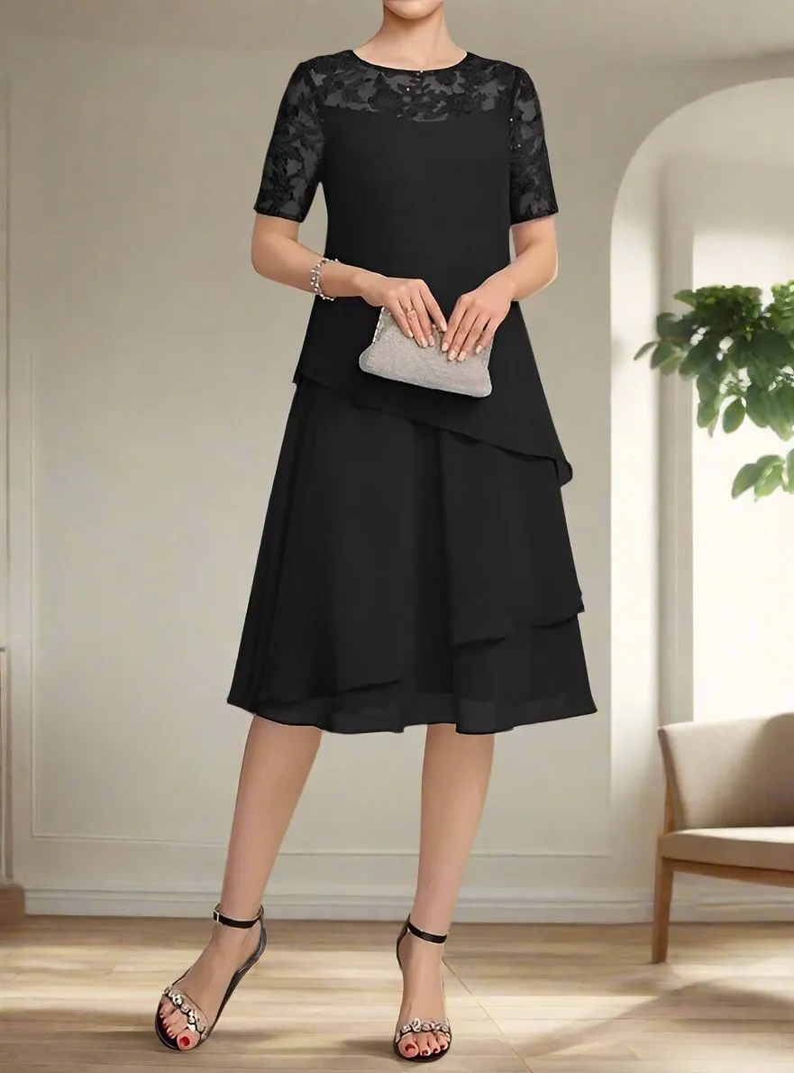 Knee Length Chiffon Short Sleeves A-Line Mother of the Bride Dress