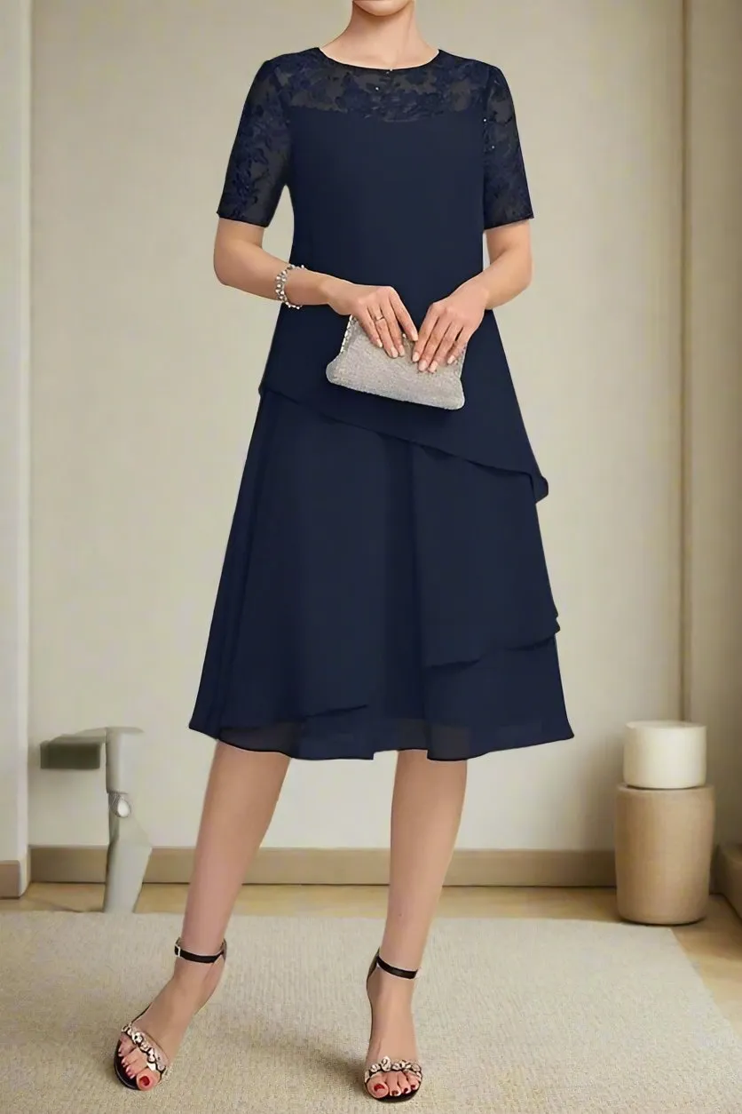 Knee Length Chiffon Short Sleeves A-Line Mother of the Bride Dress