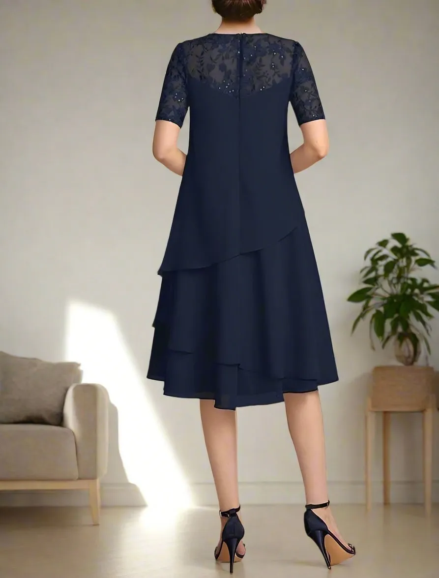 Knee Length Chiffon Short Sleeves A-Line Mother of the Bride Dress