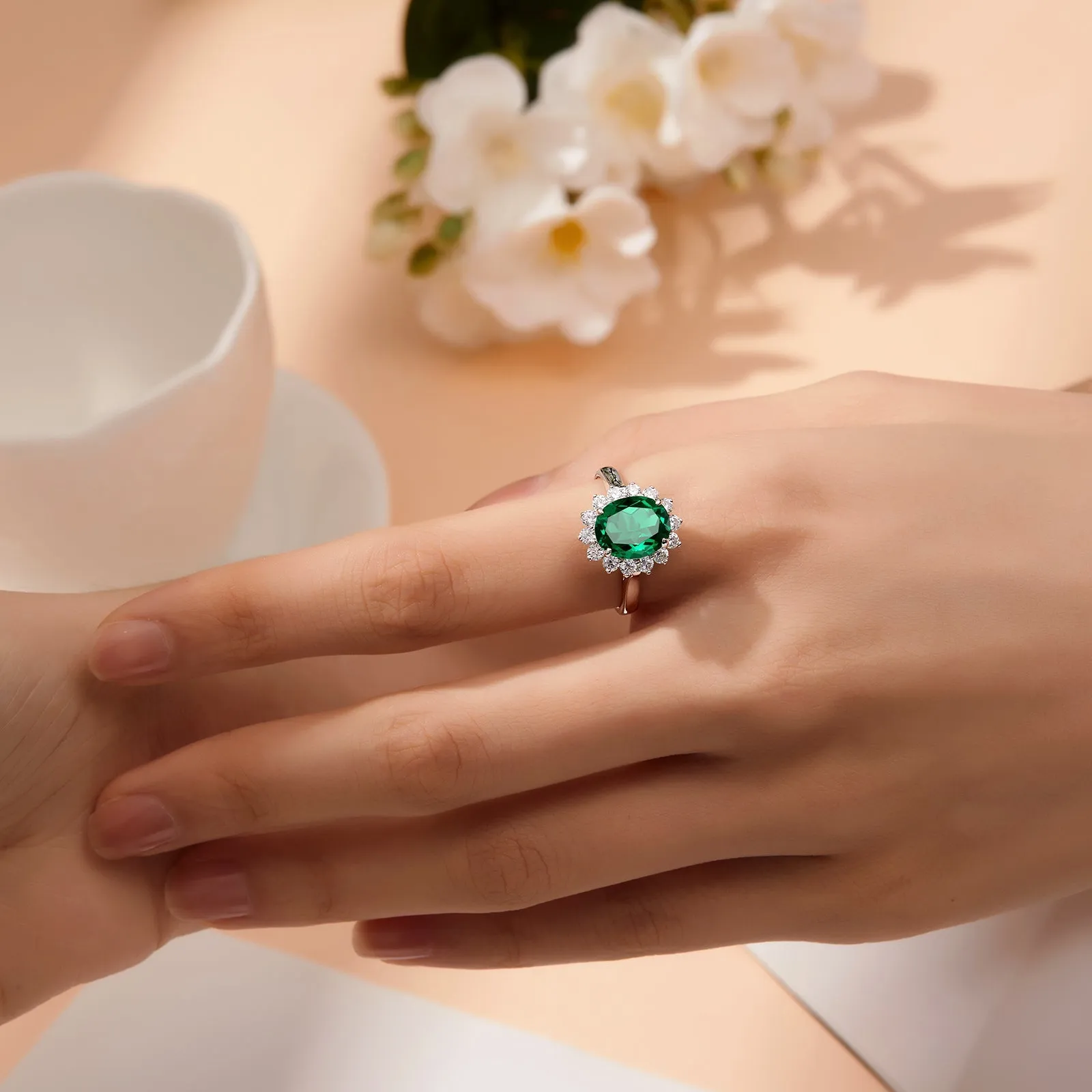 Lafonn Simulated Oval Cut Emerald & Diamond Halo Ring