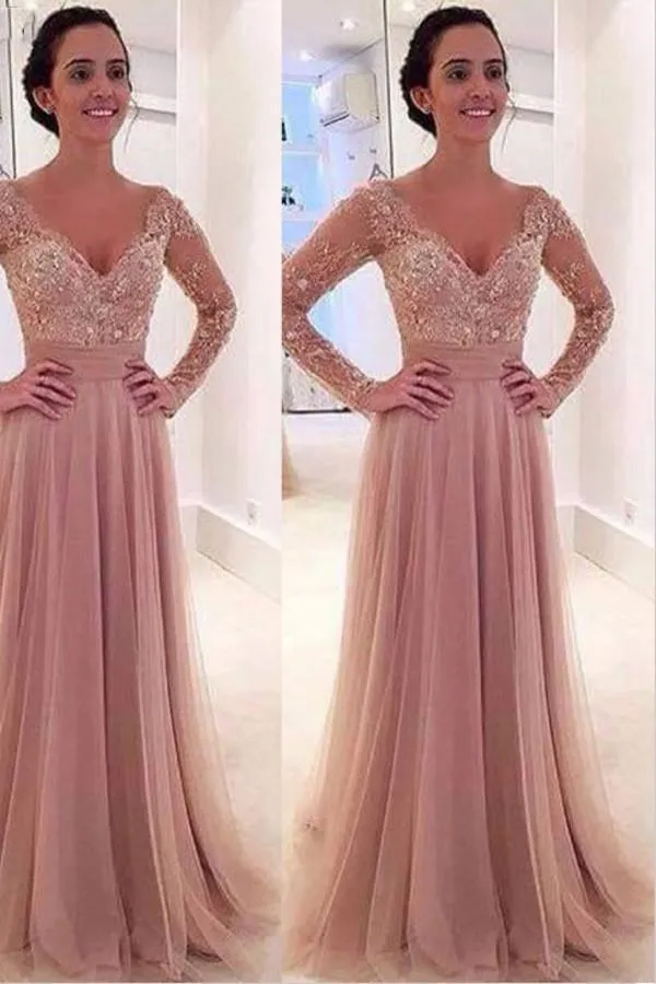 Long Sleeves V-neck Tulle Prom Dress with Detachable Train PG 237