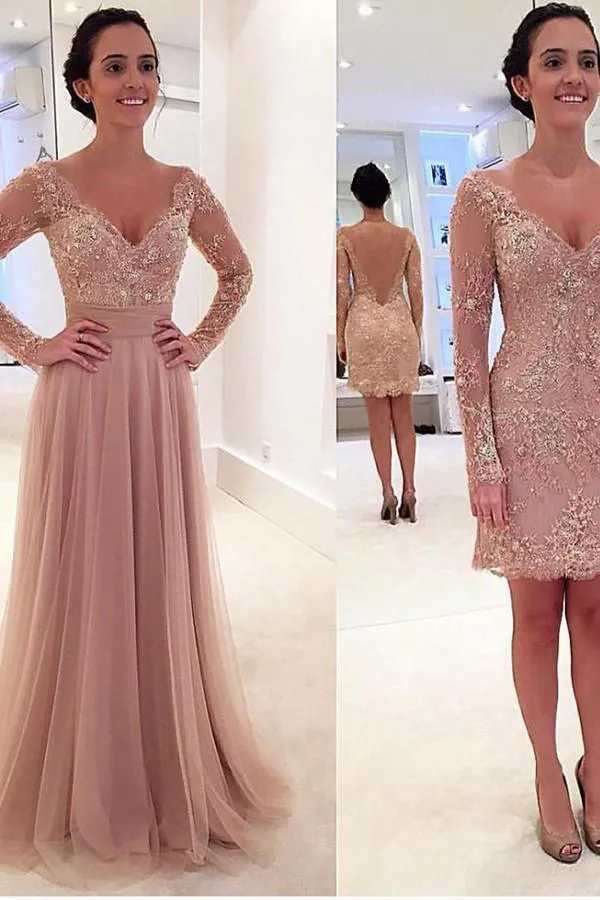 Long Sleeves V-neck Tulle Prom Dress with Detachable Train PG 237