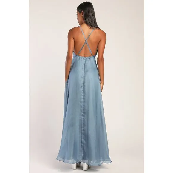 Lulu's Truly For You Slate Blue Backless Maxi Dress M NWT