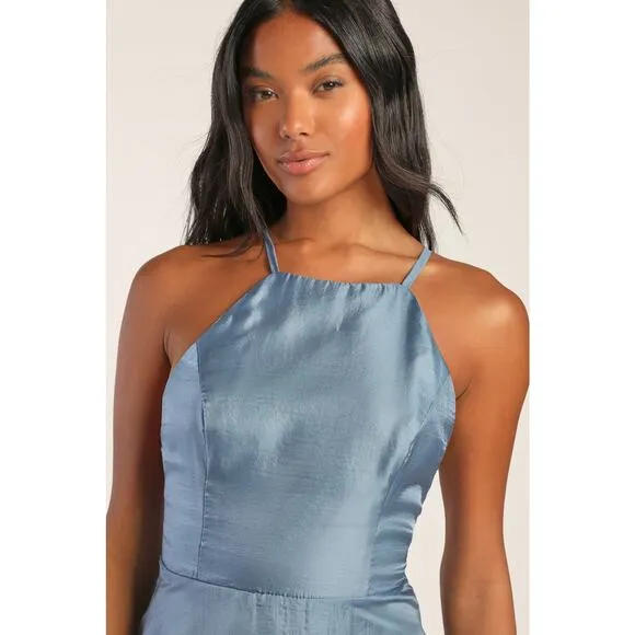 Lulu's Truly For You Slate Blue Backless Maxi Dress M NWT