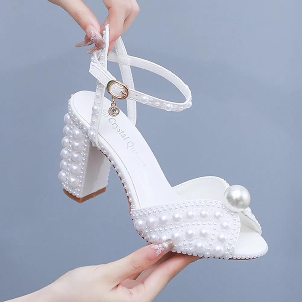 Luxury Fish Mouth Thick Heel Beads Wedding Shoes