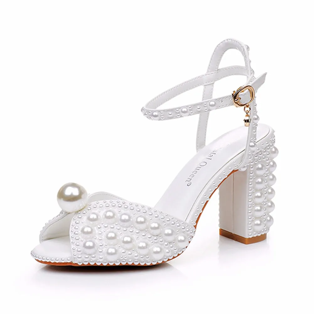 Luxury Fish Mouth Thick Heel Beads Wedding Shoes