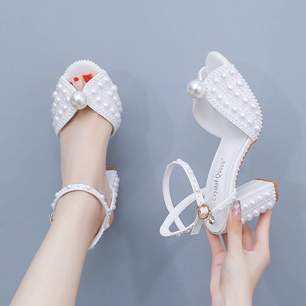 Luxury Fish Mouth Thick Heel Beads Wedding Shoes