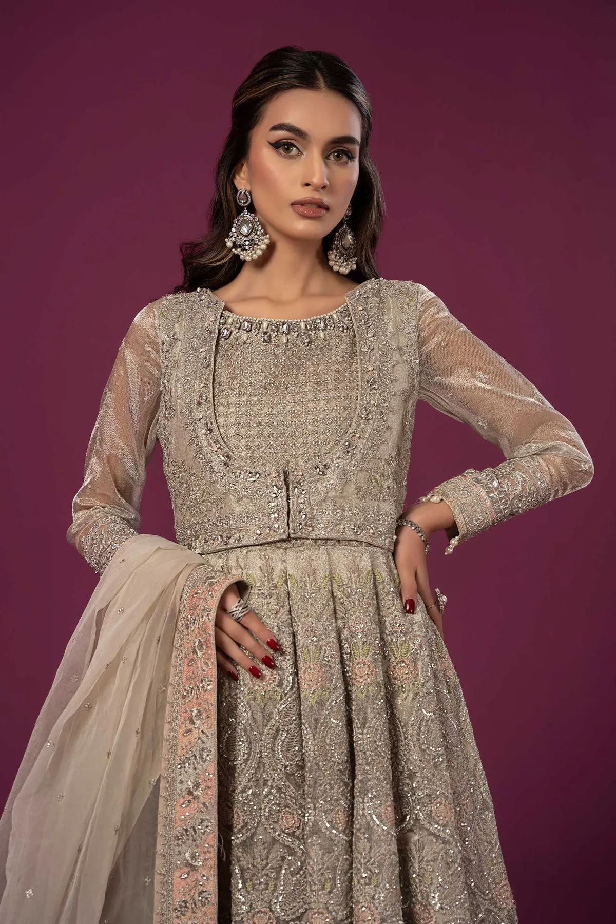 Luxury Silver Shade Maria B Embroidered Pakistani Party Dress