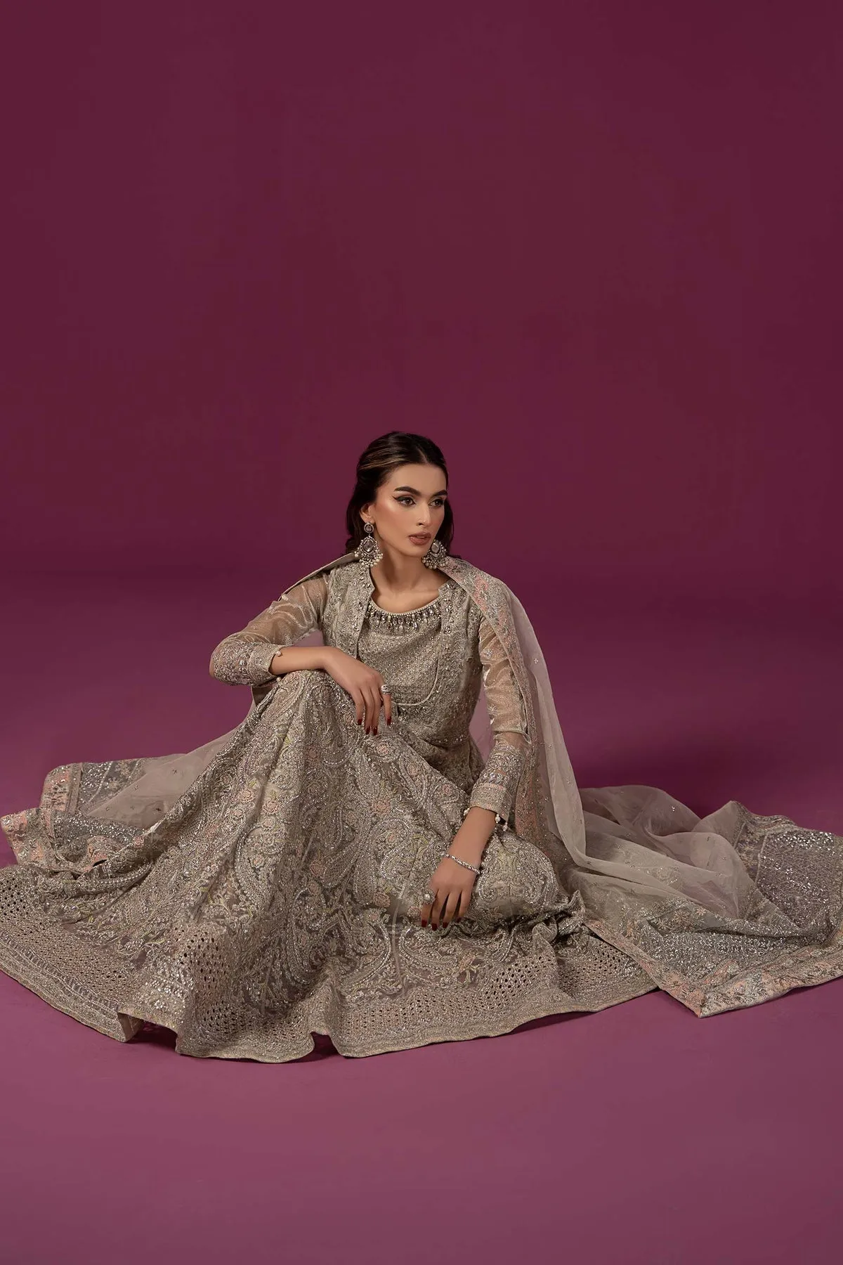 Luxury Silver Shade Maria B Embroidered Pakistani Party Dress