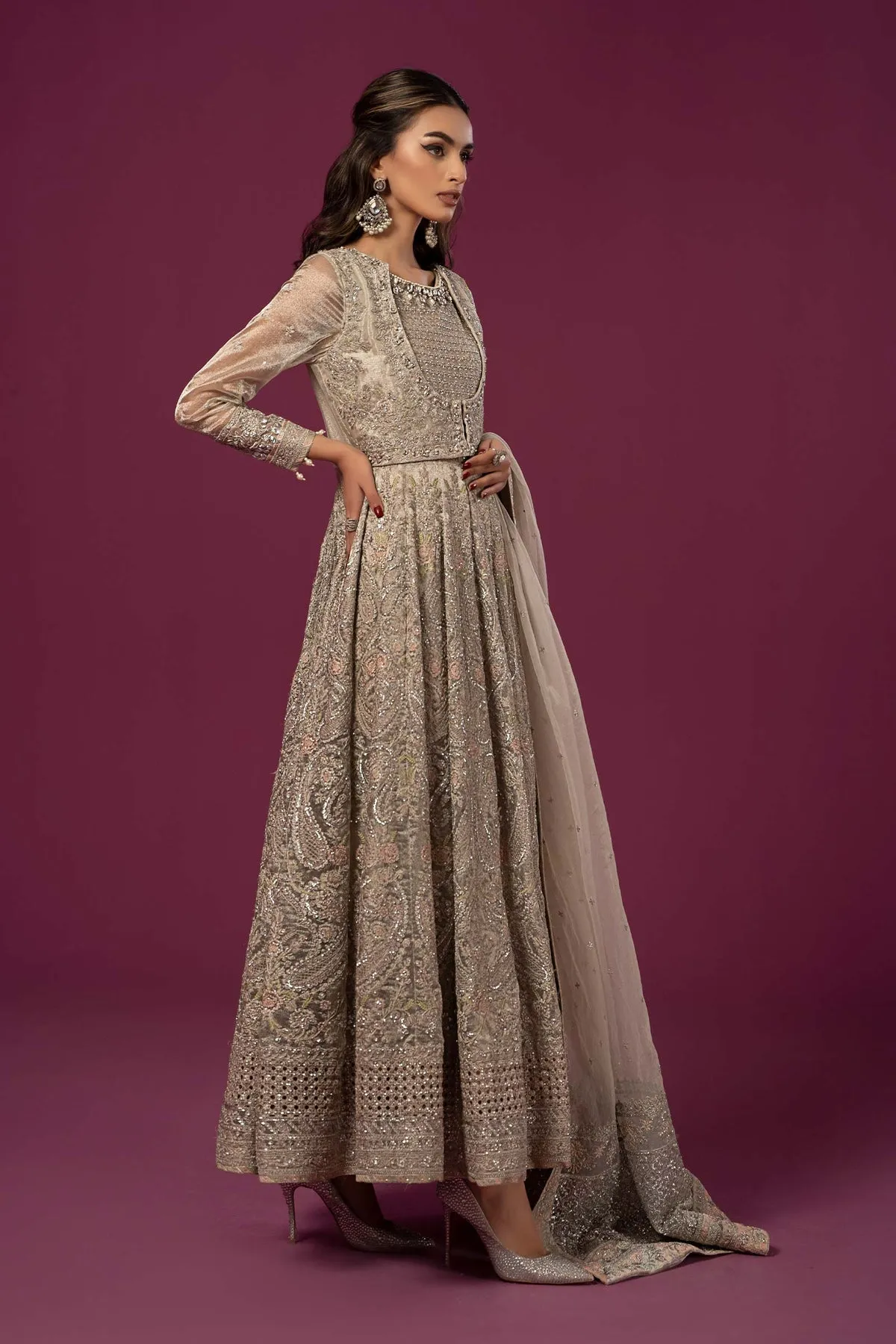 Luxury Silver Shade Maria B Embroidered Pakistani Party Dress