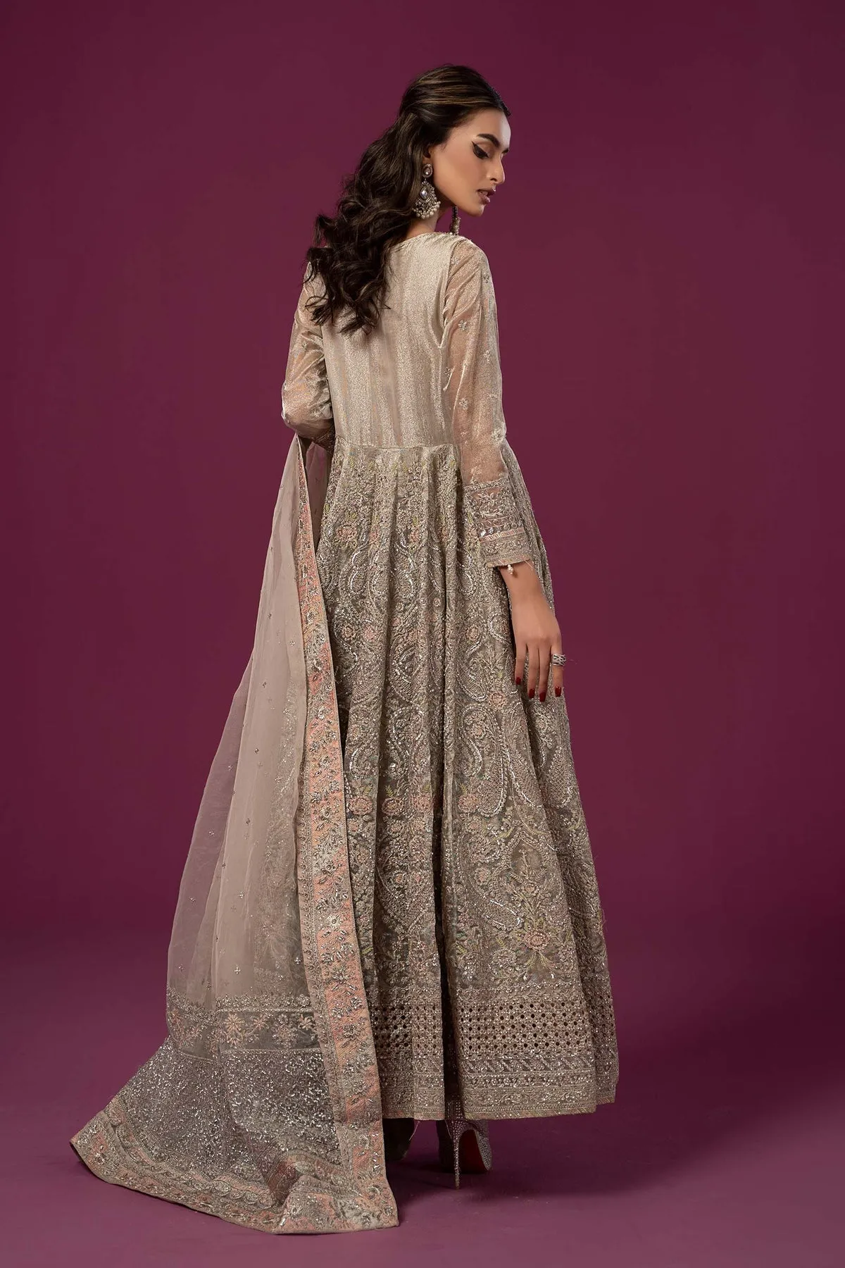 Luxury Silver Shade Maria B Embroidered Pakistani Party Dress