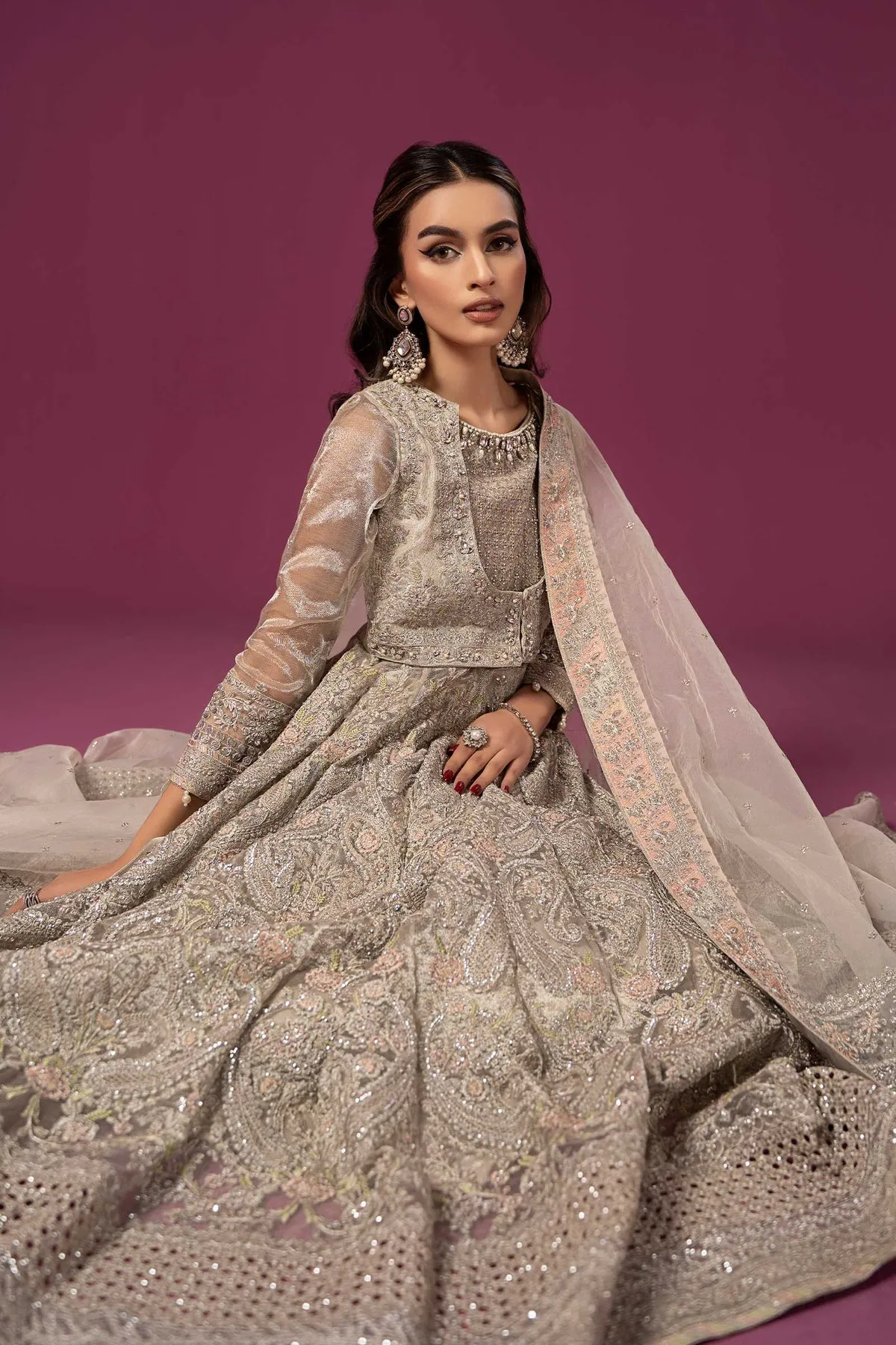 Luxury Silver Shade Maria B Embroidered Pakistani Party Dress