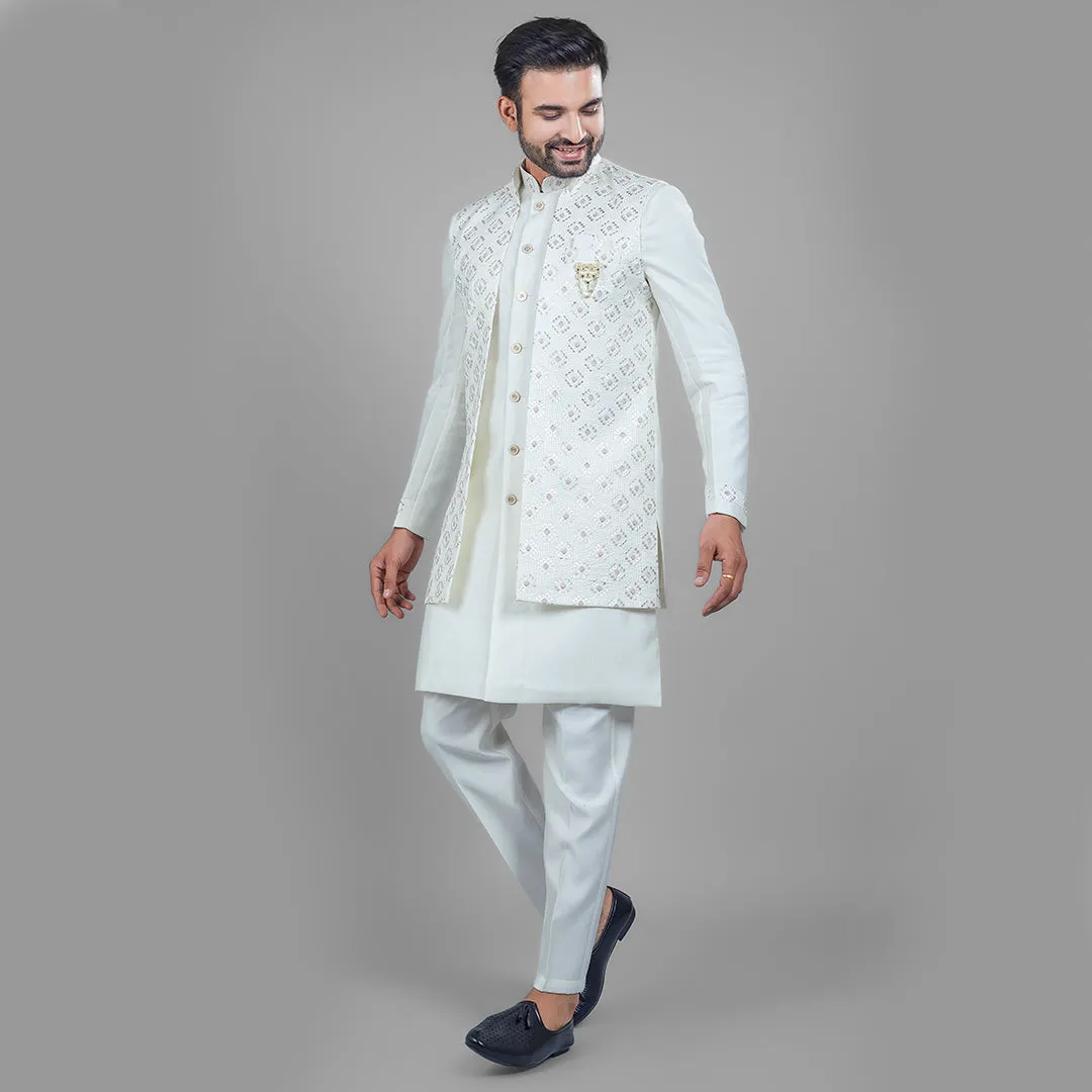Majestic Milky White Indo-Western Ensemble with Long Jacket