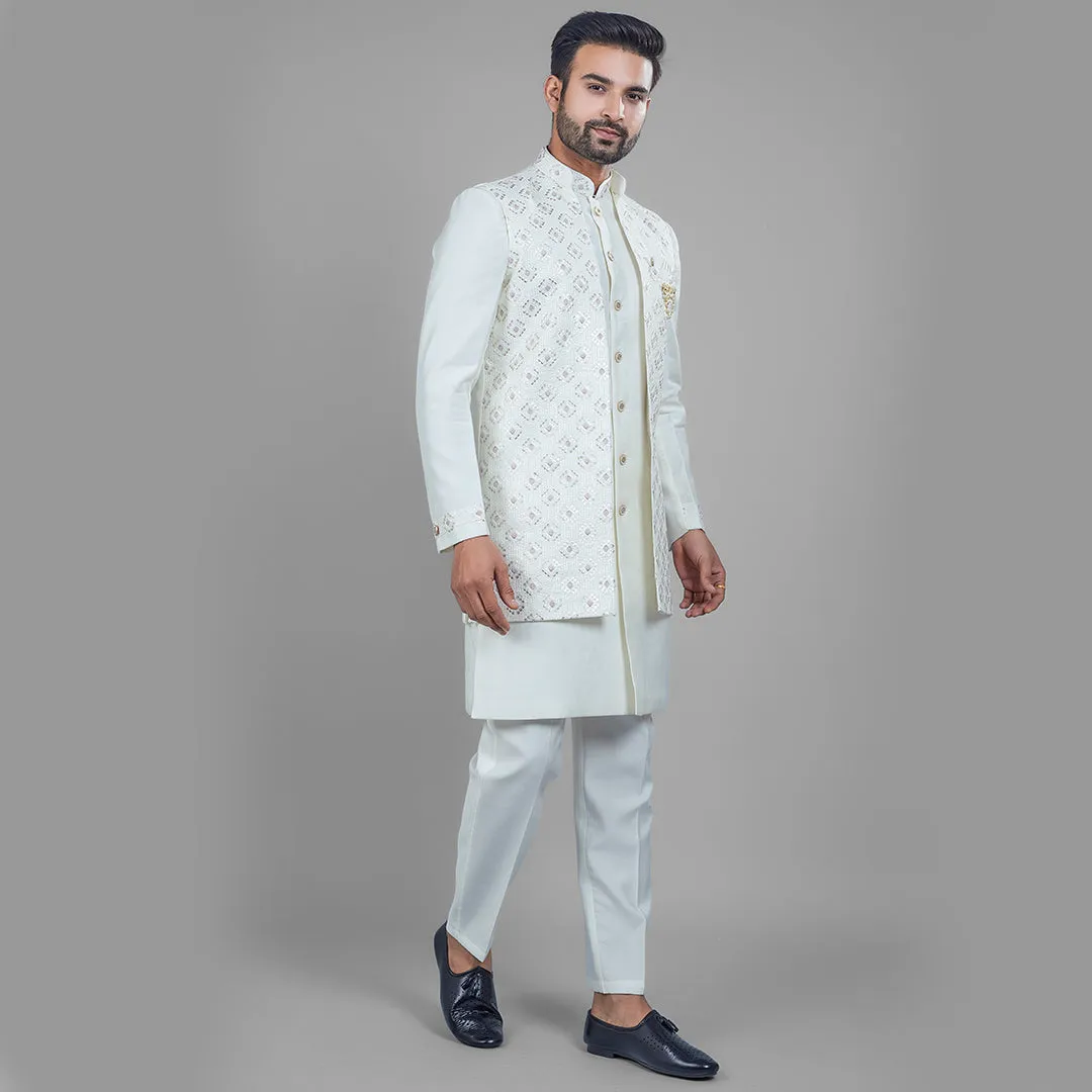 Majestic Milky White Indo-Western Ensemble with Long Jacket