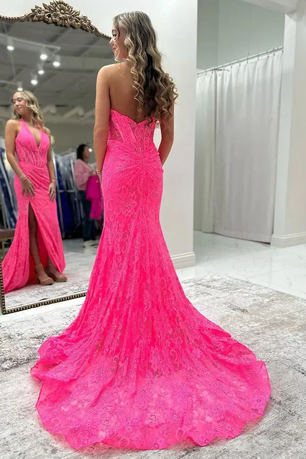 Mermaid Halter Neck Corset Pink Prom Dress with Lace Appliques TP1410