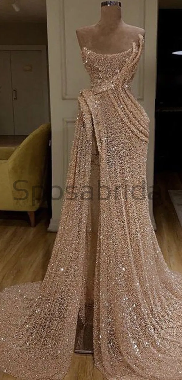 Mermaid Sparkly Sequin High Slit Sexy Elegant Modest Long Prom Dresses, evening dresses PD1635
