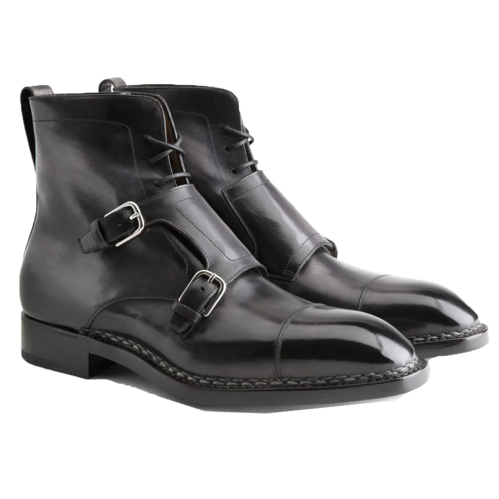 Norwegian Welted Mafra Black Leather Double Monk Strap Oxford Boot - Monk Strap Oxford Boots