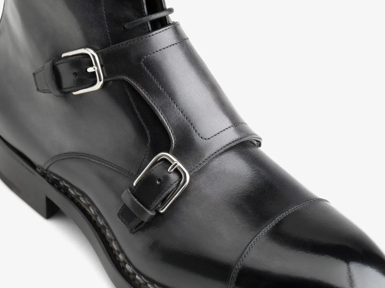 Norwegian Welted Mafra Black Leather Double Monk Strap Oxford Boot - Monk Strap Oxford Boots