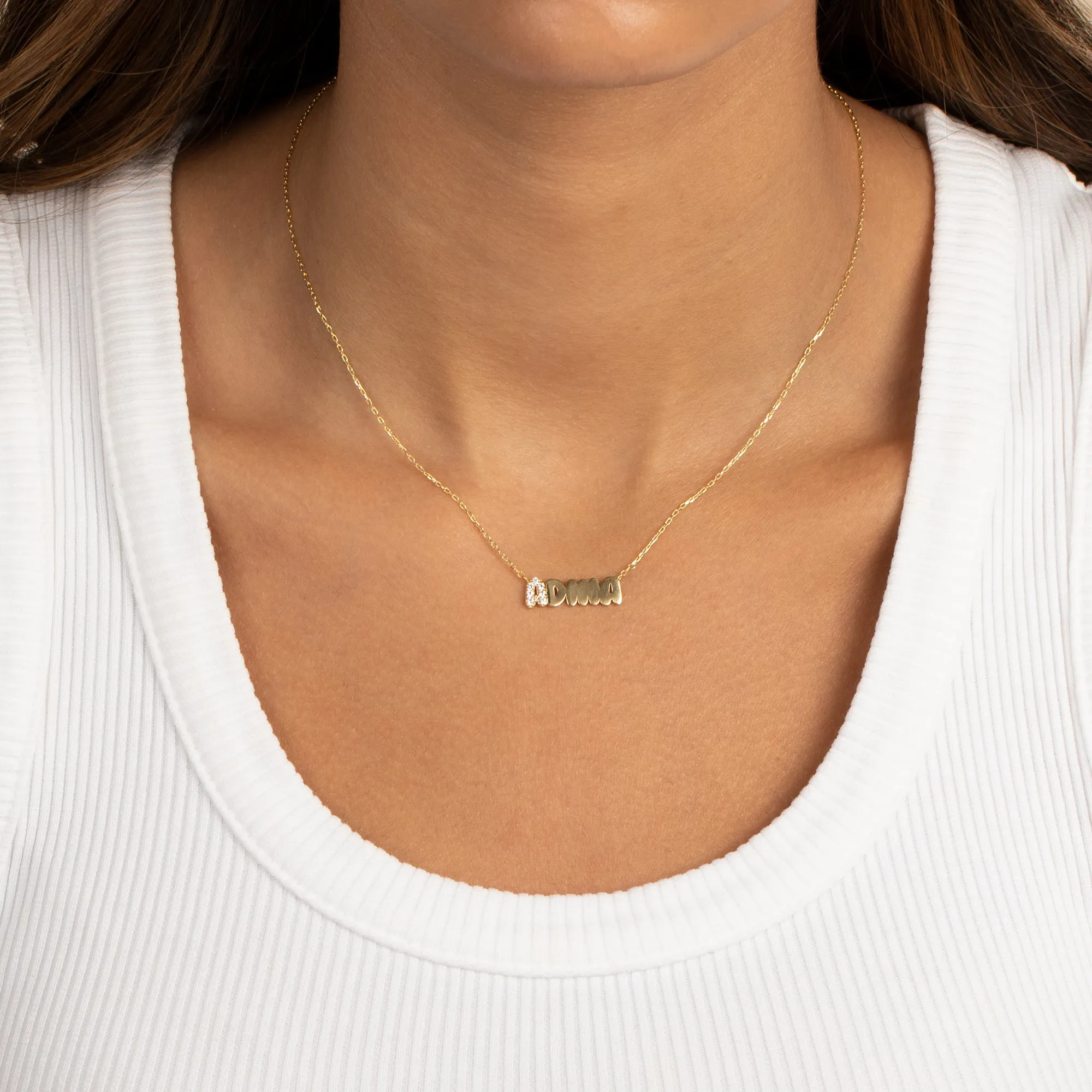 Pave Accented Flat Bubble Letter Nameplate Necklace