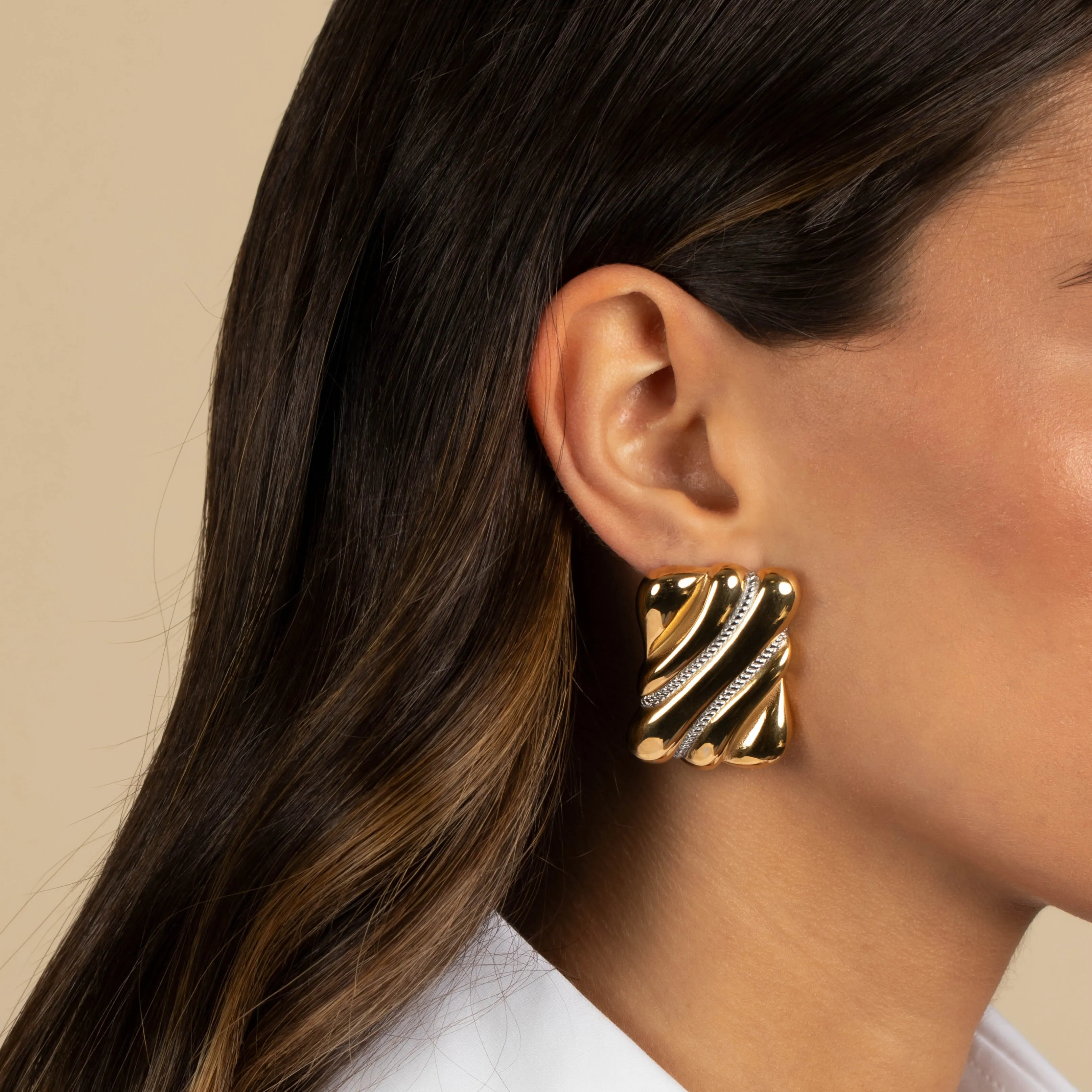 Pave X Solid Ridged Rectangular Stud Earring