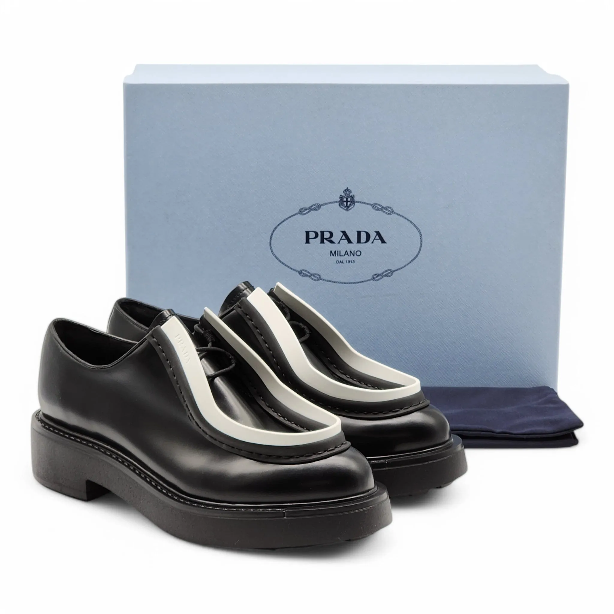 Prada Diapason Opaque Derby Shoes - Brushed Leather - Black 40