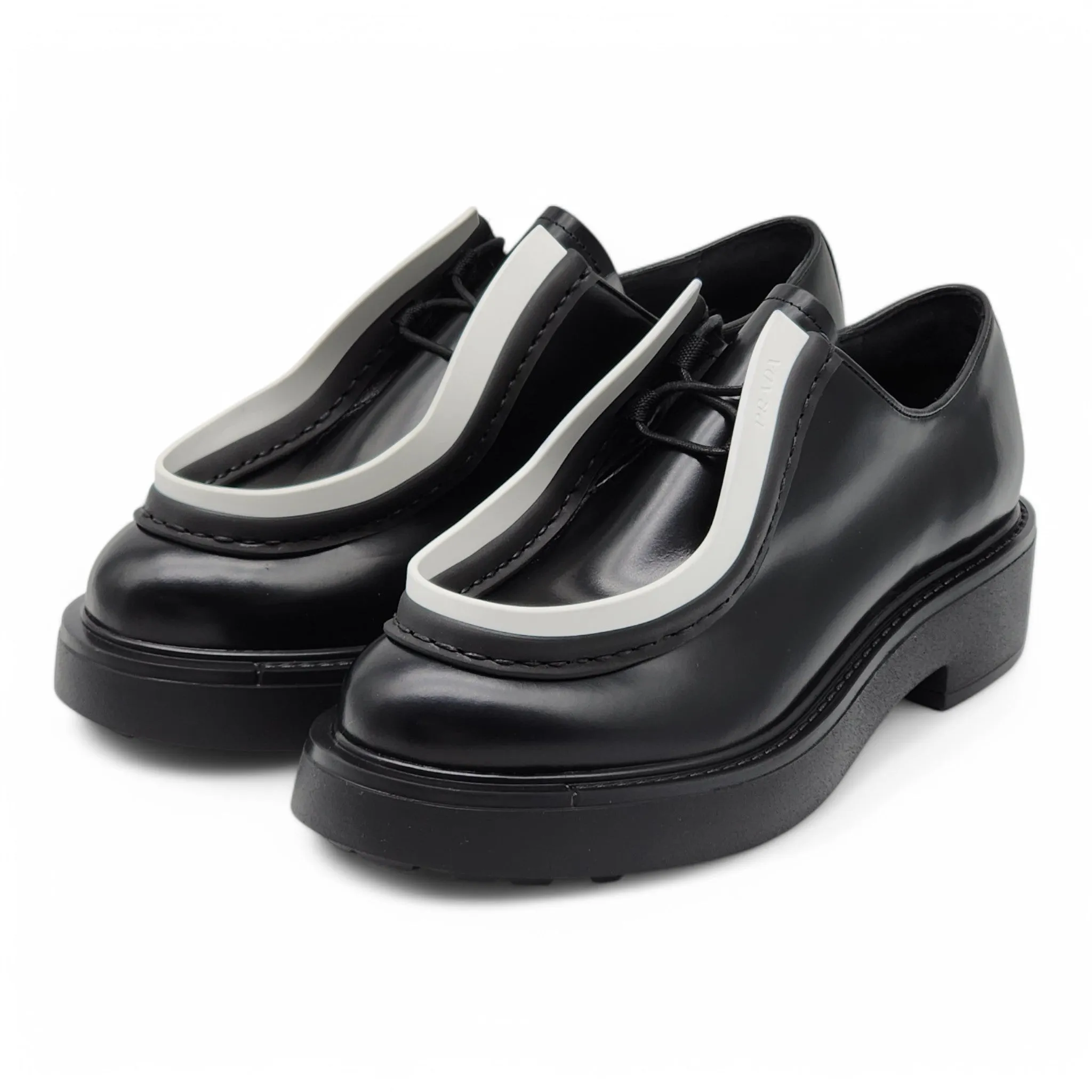 Prada Diapason Opaque Derby Shoes - Brushed Leather - Black 40