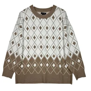 Rachel Zoe Sweater Womens Sz 1X Cream Tan Argyle Geometric Quiet Luxury Soft NWT