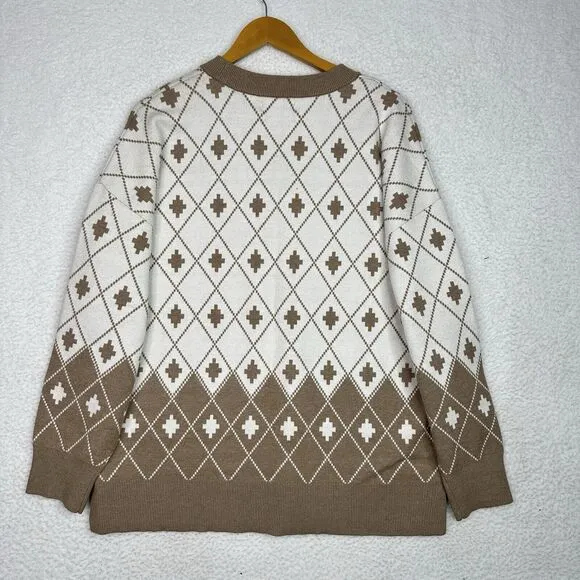 Rachel Zoe Sweater Womens Sz 1X Cream Tan Argyle Geometric Quiet Luxury Soft NWT