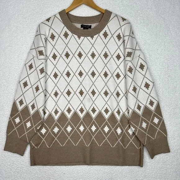 Rachel Zoe Sweater Womens Sz 1X Cream Tan Argyle Geometric Quiet Luxury Soft NWT