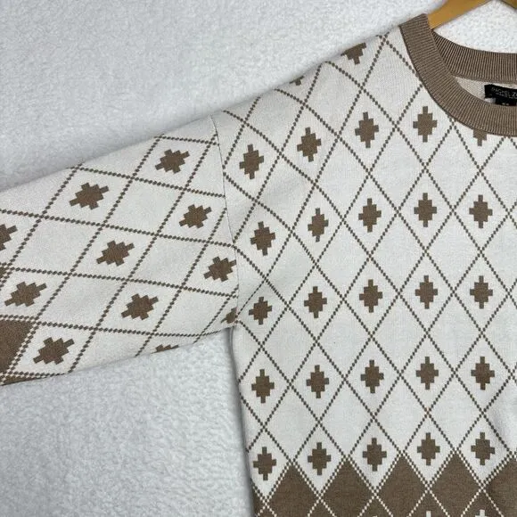 Rachel Zoe Sweater Womens Sz 1X Cream Tan Argyle Geometric Quiet Luxury Soft NWT