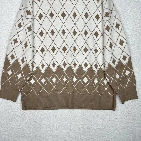 Rachel Zoe Sweater Womens Sz 1X Cream Tan Argyle Geometric Quiet Luxury Soft NWT